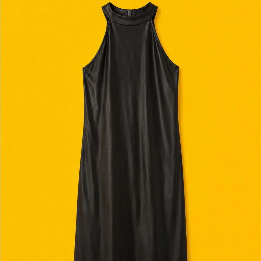 SHEIN Black Faux Leather High-Neck Sleeveless Midi Dress